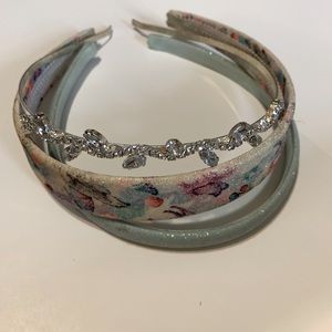 Set of three girl’s sparkly headbands: aqua, floral and rhinestone